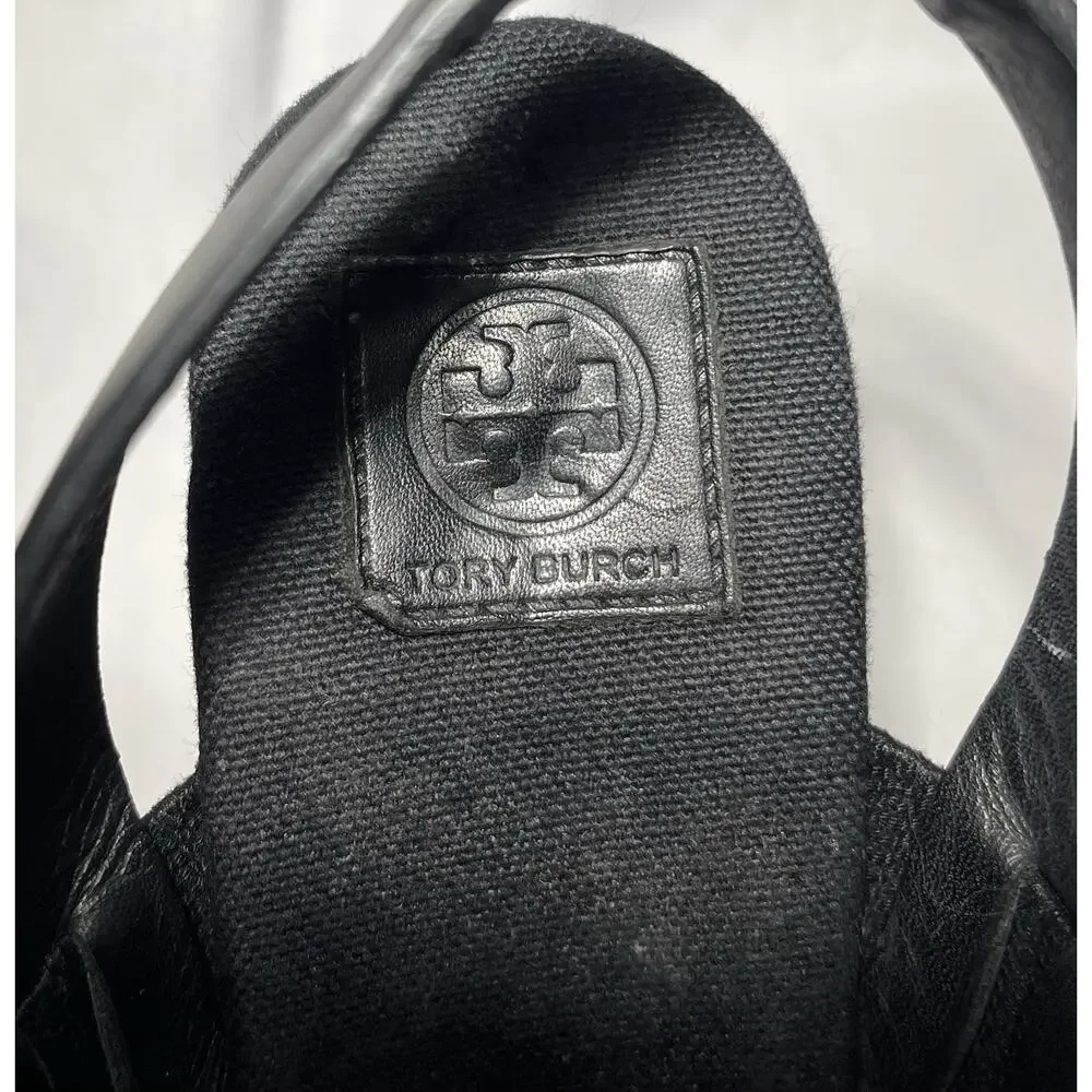 TORY BURCH Sandals 8.5 Wedge Espadrille Black Two Band Platform 4.5